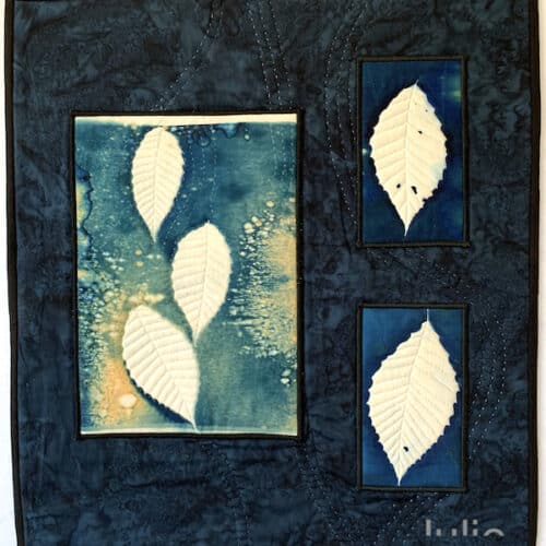 art quilt of cyanotypes of beech leaves