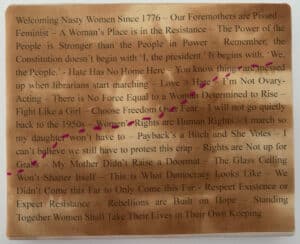 tea stained fabric printed with words from women's march protest signs